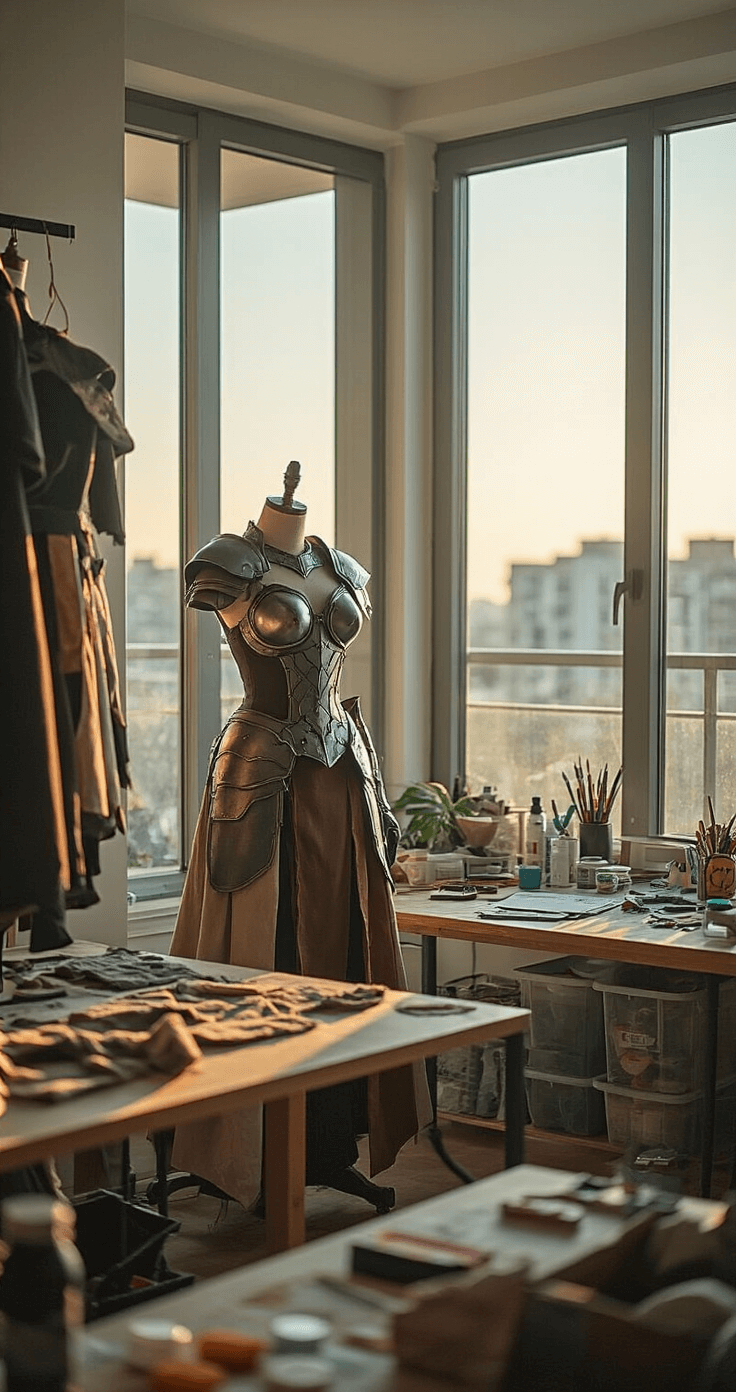 In a bright modern living room, late afternoon light highlights a costume fitting session featuring a dress form with intricate armor pieces. A crafting table nearby holds EVA foam, painting supplies, and reference materials, surrounded by organized storage for tools and materials.