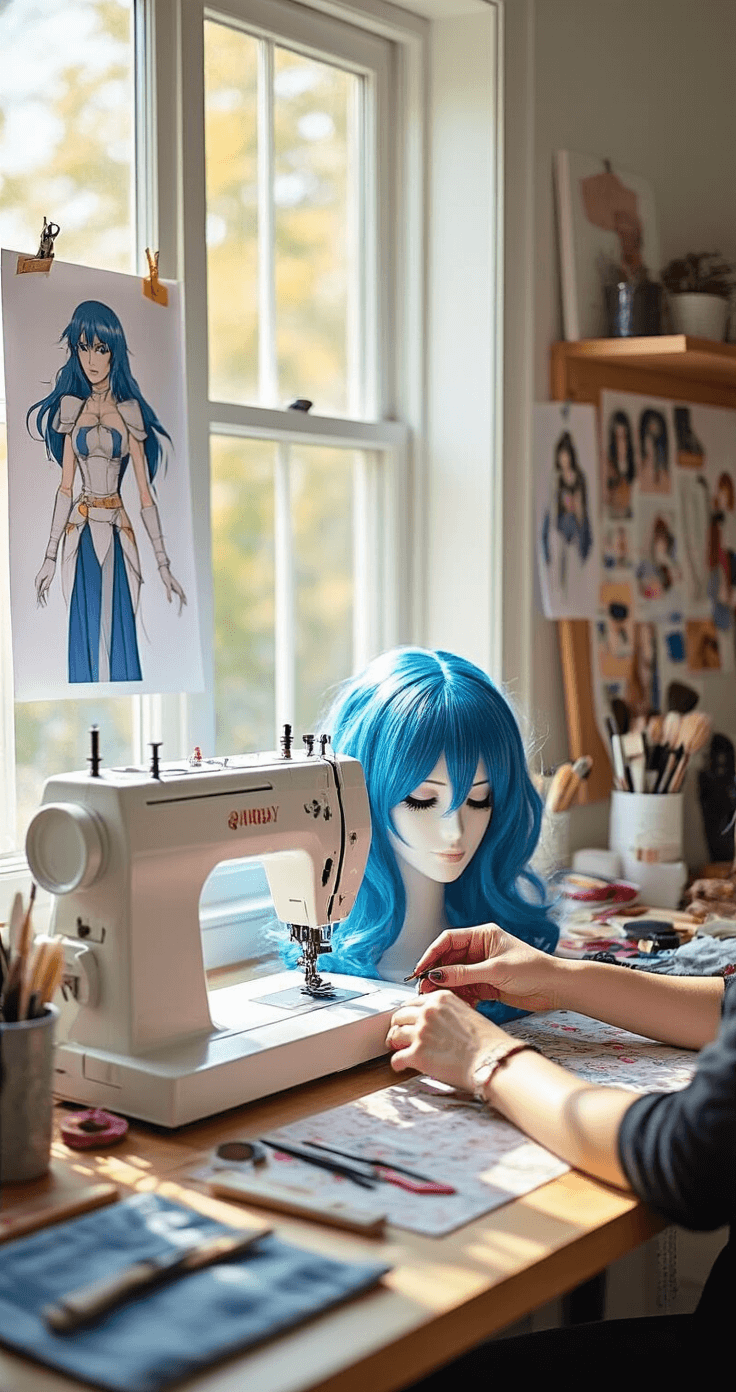 A cozy home studio with a well-organized cosplay workstation, showing a craft table with a sewing machine, scissors, measuring tape, and fabric swatches. Warm light filters through windows, highlighting costume sketches on a mood board. In the foreground, hands style a vibrant blue wig with specialized tools, alongside makeup brushes and character references, captured from a 45-degree angle.