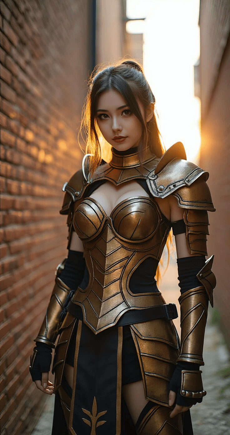 A female cosplayer in an intricate anime warrior costume poses confidently in an urban alleyway during golden hour, showcasing detailed hand-sewn armor made from metallic-finished EVA foam. The scene features dramatic shadows from natural sunlight and fill lighting from a ring light, emphasizing weathering effects and battle-worn details on the costume. Shot from slightly below eye level, the image captures the craftsmanship and artistry of the outfit against exposed brick walls.