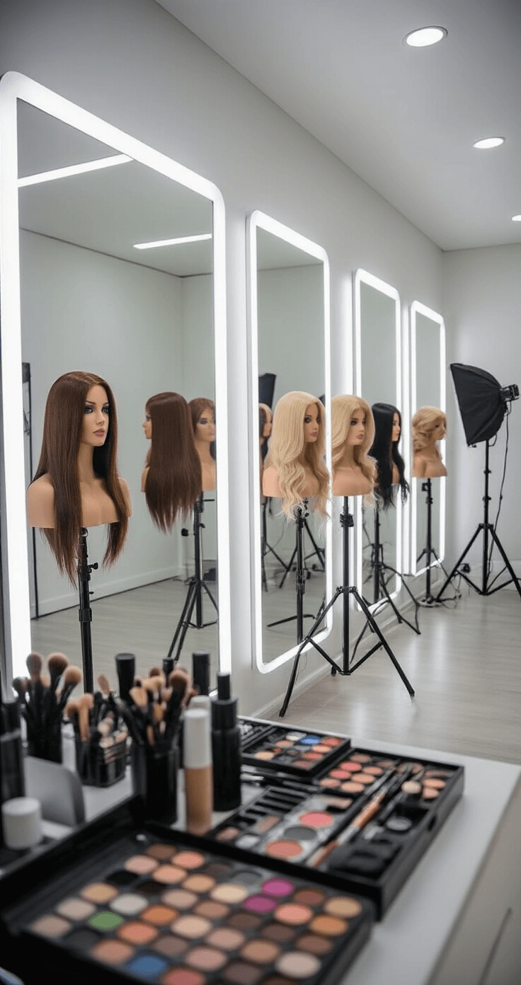 A bright, minimalist dressing room features floor-to-ceiling mirrors and soft, diffused lighting, showcasing various wigs on stands and an organized display of character makeup products. Professional photography equipment, including softboxes, is reflected in the mirrors, captured in a high-angle shot.