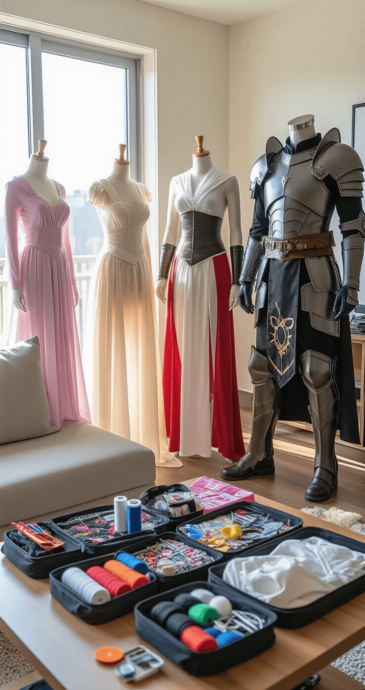 A modern apartment living room filled with completed cosplay outfits on mannequins, showcasing a range from simple to complex designs. Morning light highlights various textures like chiffon and leather. An emergency repair kit with threads and safety pins is visible, capturing the essence of convention preparation.
