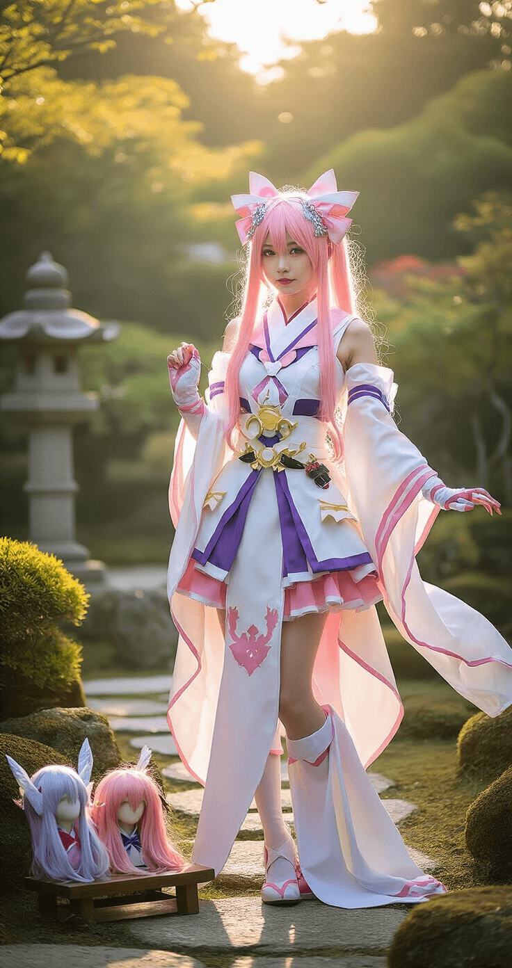 A cosplayer in a magical girl costume with flowing fabric and LED accessories poses near a stone lantern in a Japanese garden, bathed in soft backlight that highlights the costume's intricate details; multiple wigs and prop weapons are arranged on a nearby bench.