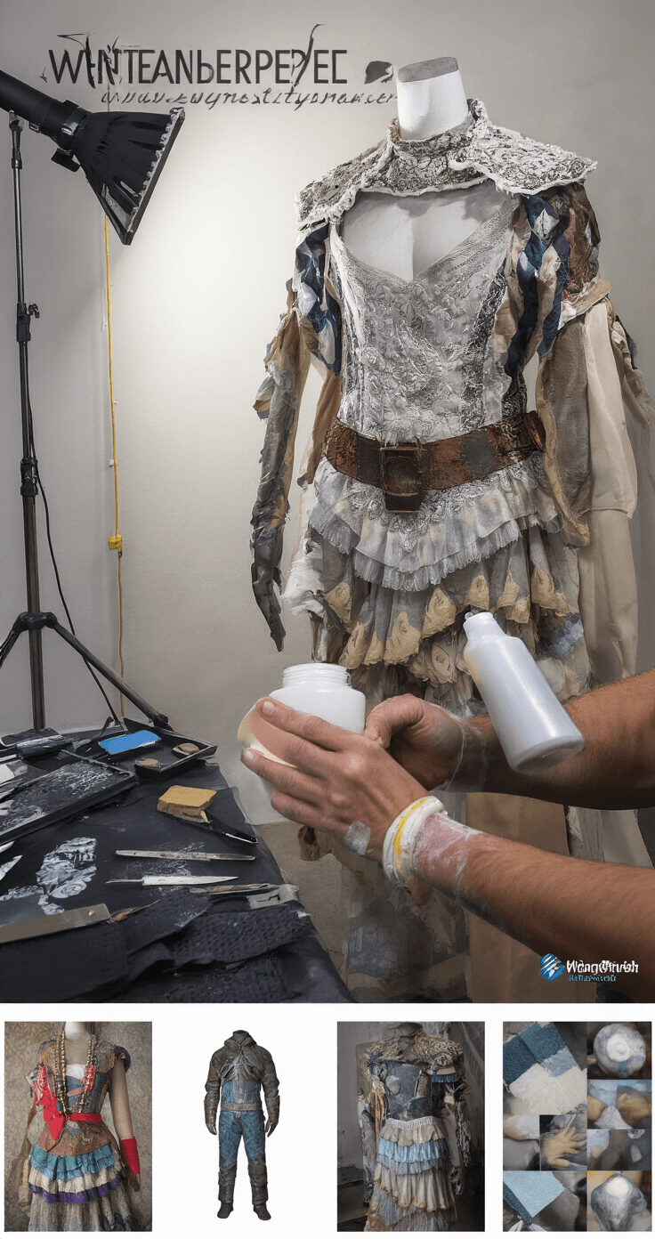 Close-up of hands applying protective coating to an elaborate costume piece in a professional indoor studio, showcasing various materials and tools, detailed fabric swatches illustrating before and after treatment effects, and multiple reference images displayed in the background.