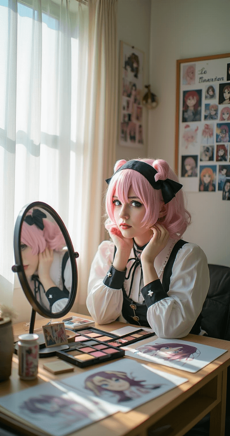 A cosplayer practices poses and expressions in a cozy home studio corner, with a mirror setup reflecting their work. The space is filled with reference materials and inspiration boards, illuminated by soft afternoon sunlight filtering through sheer curtains. Nearby, a collection of photos documents makeup tests and wig styling trials, captured from a three-quarter view to emphasize the learning process.