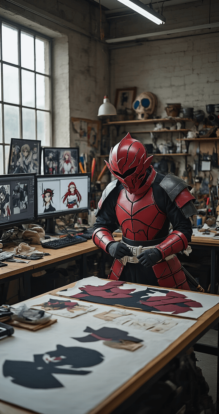 A detailed view of a spacious cosplay workshop featuring an advanced cosplayer crafting intricate Demon Slayer armor, surrounded by professional tools, EVA foam sheets, and multiple monitors displaying reference images. A large cutting table holds custom uniform patterns and fabric swatches, while various props in different stages of completion are visible in the background. The setting boasts an industrial-chic aesthetic with mixed natural and LED lighting.