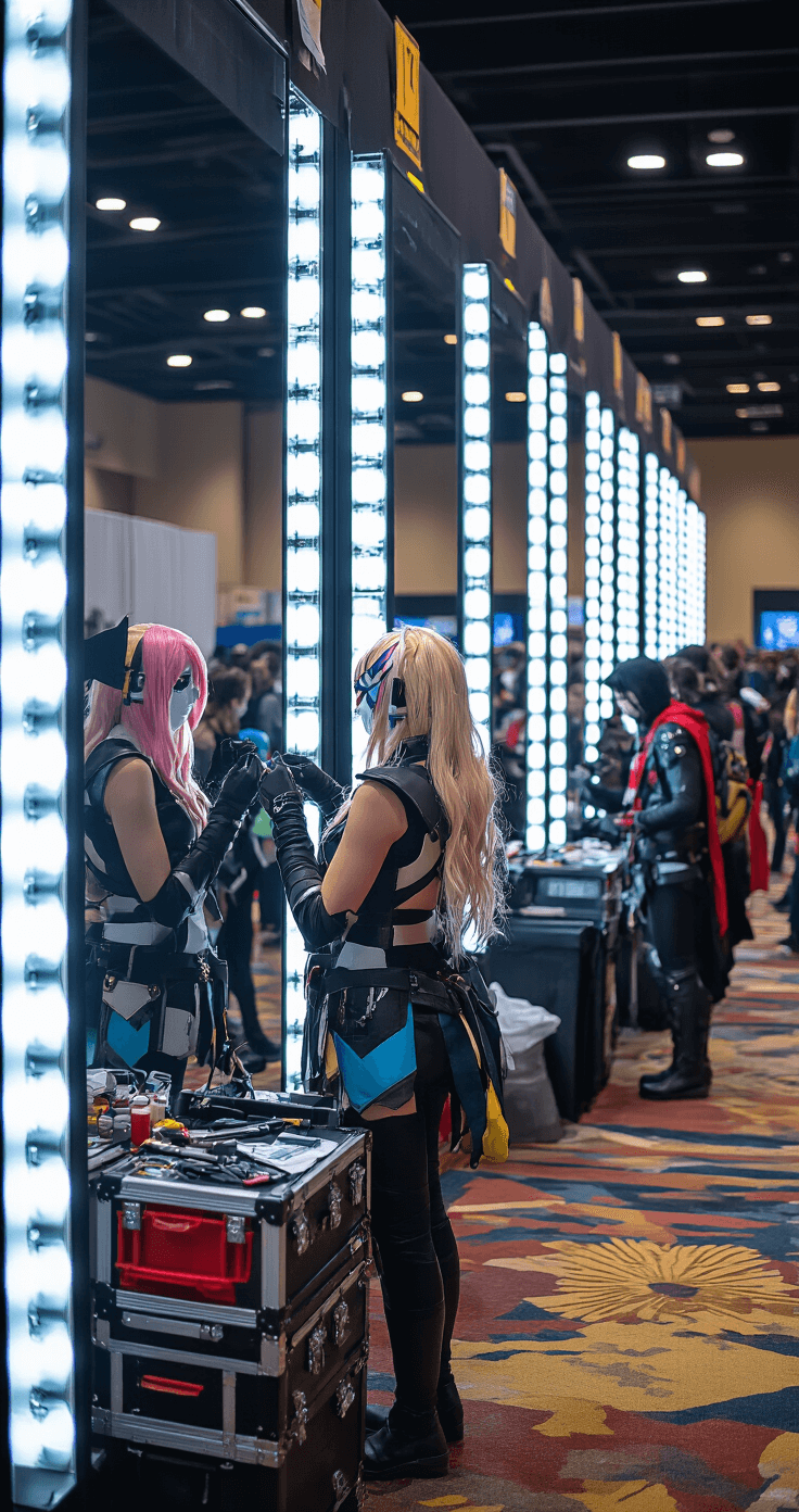A convention center preparation area bathed in dramatic lighting, featuring a cosplayer making final costume adjustments in front of a full-length mirror array, with an emergency repair kit visible nearby. Other cosplayers can be seen in the background, also preparing for their events.