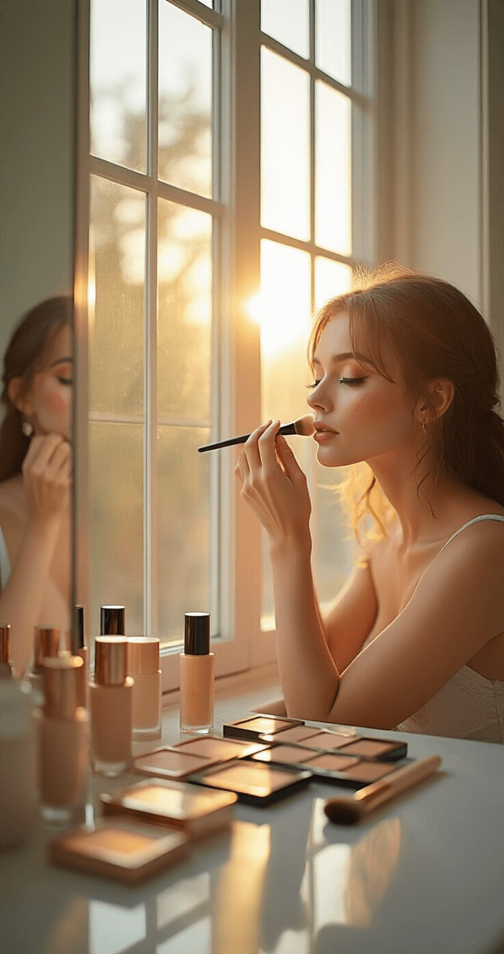 A cosplayer in a modern bathroom applies foundation in golden hour light, with various foundation shades and color-correcting products visible, showcasing a close-up of their smooth application technique.