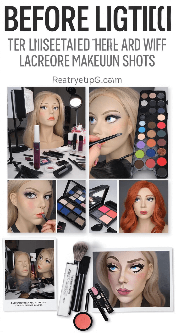 A side-by-side comparison of cosplay makeup progress, showcasing detailed close-ups of application techniques, essential products, and tools, with reference photos of character inspiration in a well-lit studio workspace.