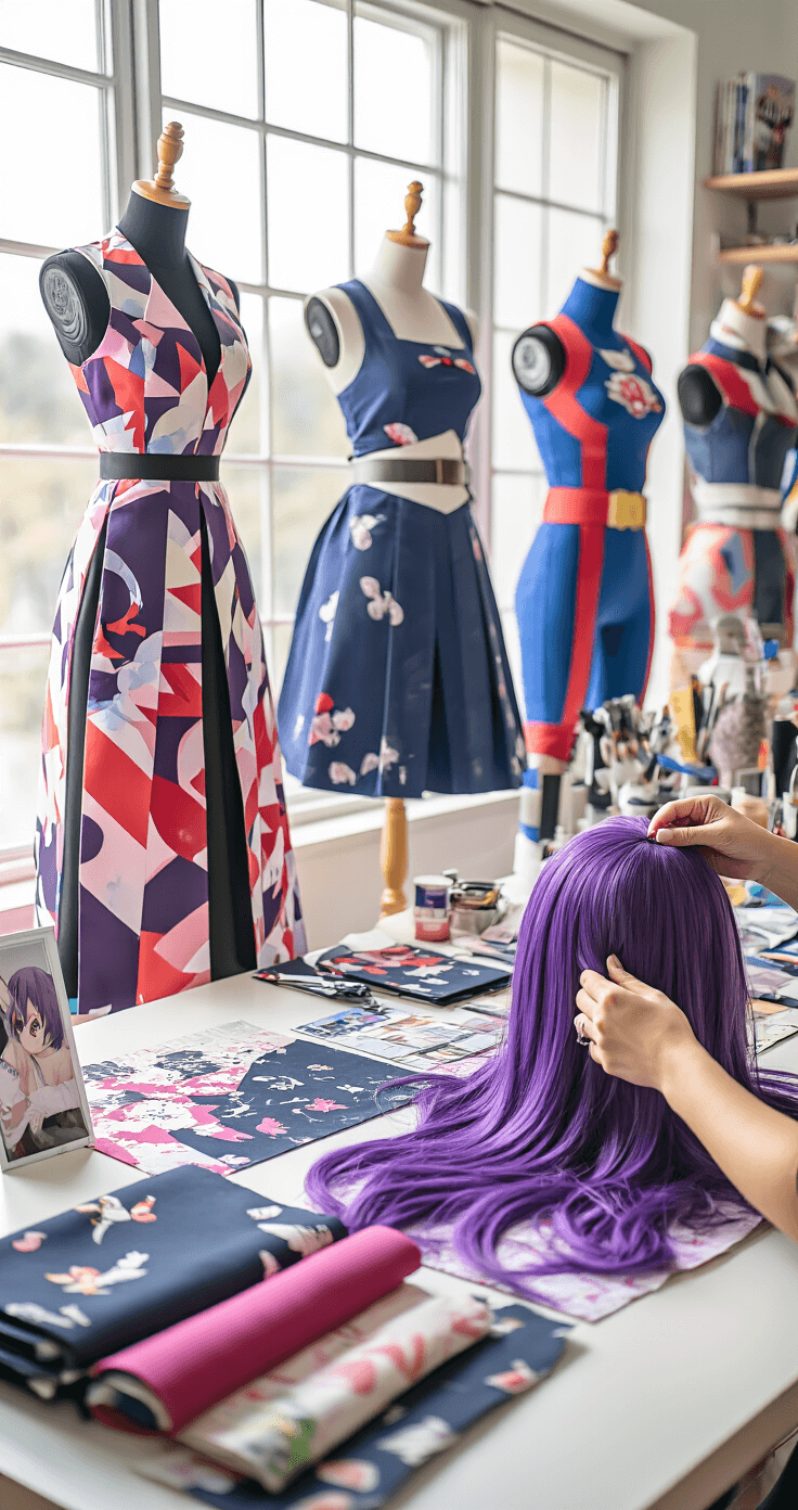 A vibrant cosplay workshop filled with anime costumes on dress forms, featuring a Demon Slayer uniform and My Hero Academia suit. Natural light floods the space, highlighting fabric swatches, pattern pieces, and sewing supplies. In the foreground, hands style a purple wig on a mannequin with professional tools and reference photos, showcasing a creative and organized atmosphere.