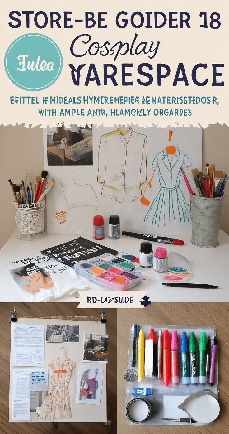 A creative budget-friendly cosplay workspace filled with upcycled materials, fabric paint, and markers, illuminated by afternoon light. Basic clothing items are being transformed on a well-organized workstation, featuring a mood board with reference images and tutorial printouts, alongside neatly labeled containers of cost-effective supplies and tools.