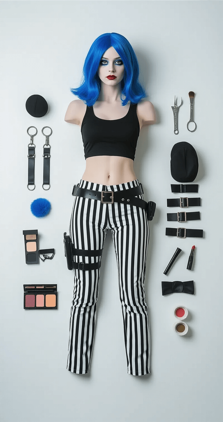 Overhead view of Jinx costume components on a light grey background, featuring a blue wig, black crop top, striped pants, belts, props, and makeup supplies, all arranged symmetrically.