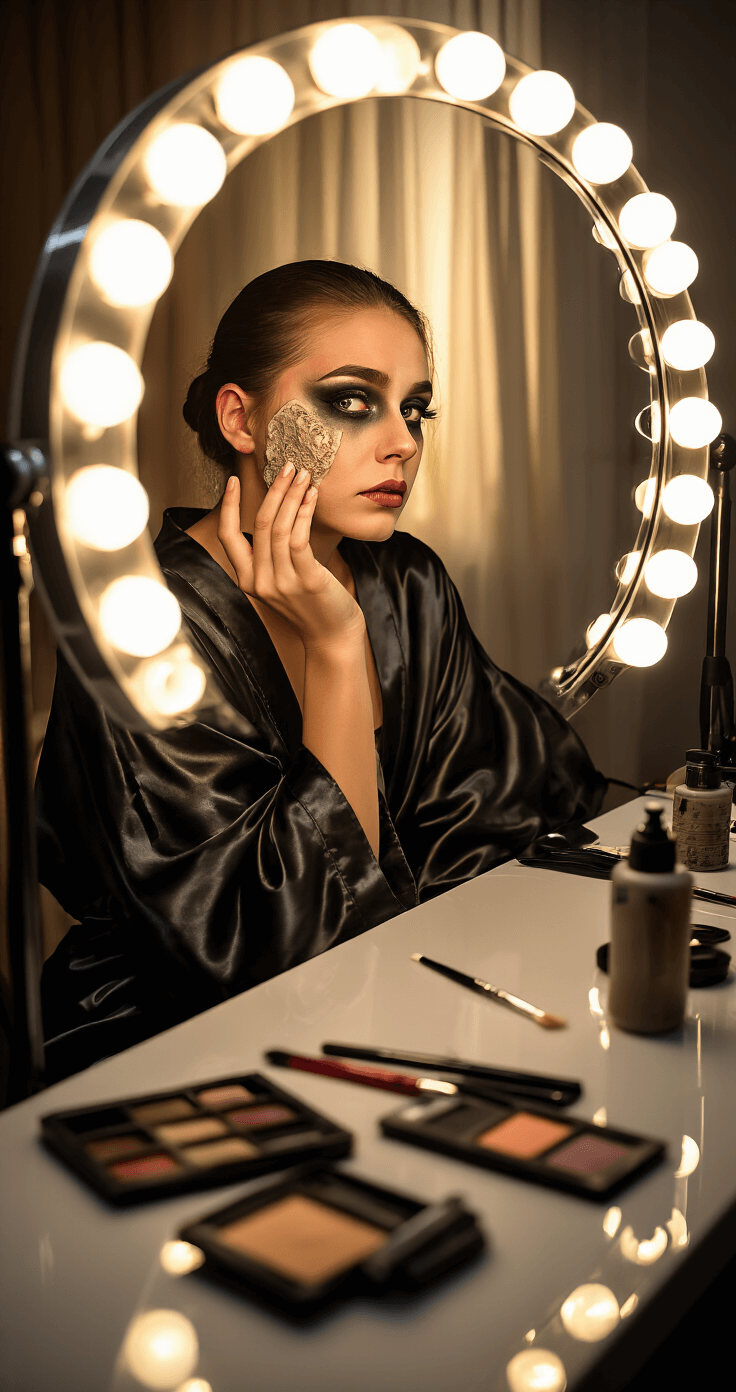Close-up of a young woman in a dimly lit makeup studio, applying special effects makeup with a prosthetic piece on her face, dressed in a silky black robe. The scene features a professional vanity mirror illuminated by warm LED lights, with makeup tools and SFX supplies on a glossy white counter, while golden hour light filters through sheer curtains.