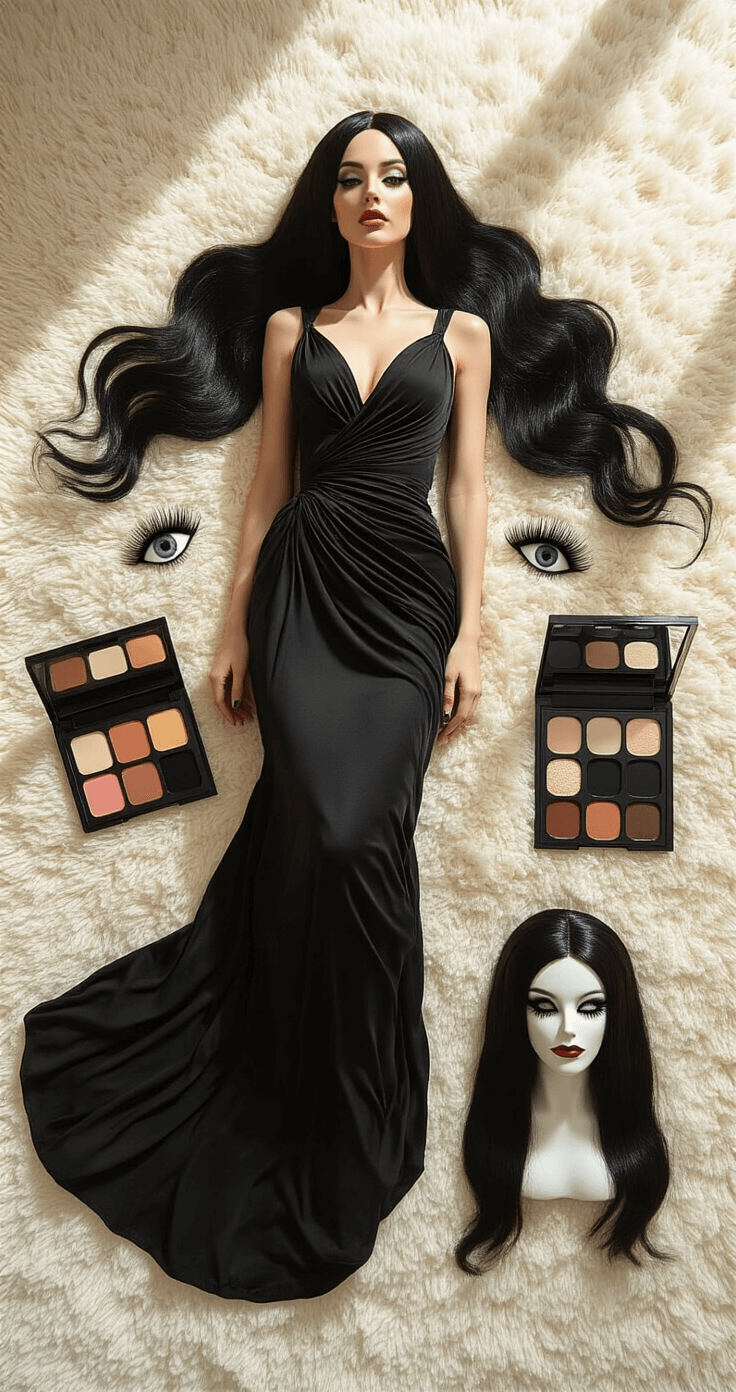 Overhead flat lay of a plush cream carpet featuring a flowing black designer dress, a premium long black wig, white contact lenses in a case, a high-end SFX makeup palette, and ultra-dramatic false lashes, all illuminated by natural window light.