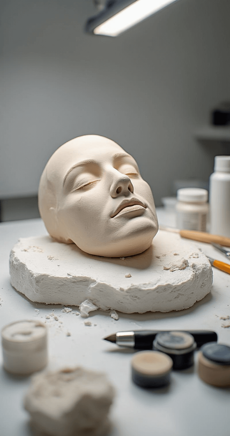 Clinical workspace for prosthetic creation featuring a clean white surface with plaster casting materials, sculpting tools, and painting supplies, alongside a half-finished face prosthetic on a foam head, illuminated by bright studio lighting that highlights intricate details.