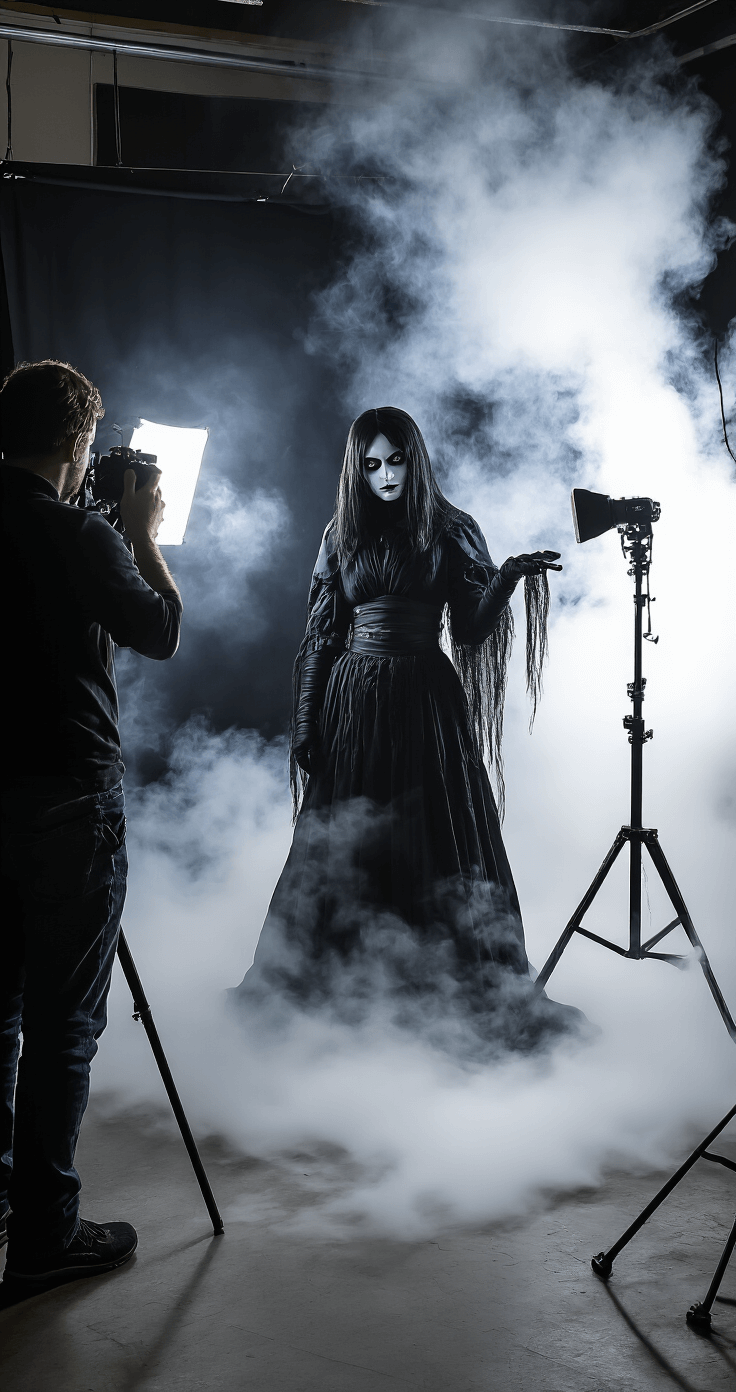 Atmospheric portrait session in a professional studio featuring a model in a Tomie costume against a black backdrop, dramatic rim lighting, and smoke effects, with a photographer adjusting lights and behind-the-scenes equipment blurred in the background.