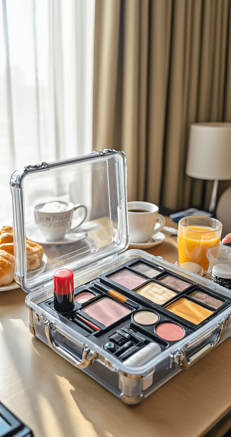 A top-down view of a hotel room workspace where a cosplayer is organizing a clear professional case filled with spirit gum, makeup sealant, and backup prosthetics, with a room service breakfast and coffee in the background, illuminated by bright morning light filtering through the curtains.
