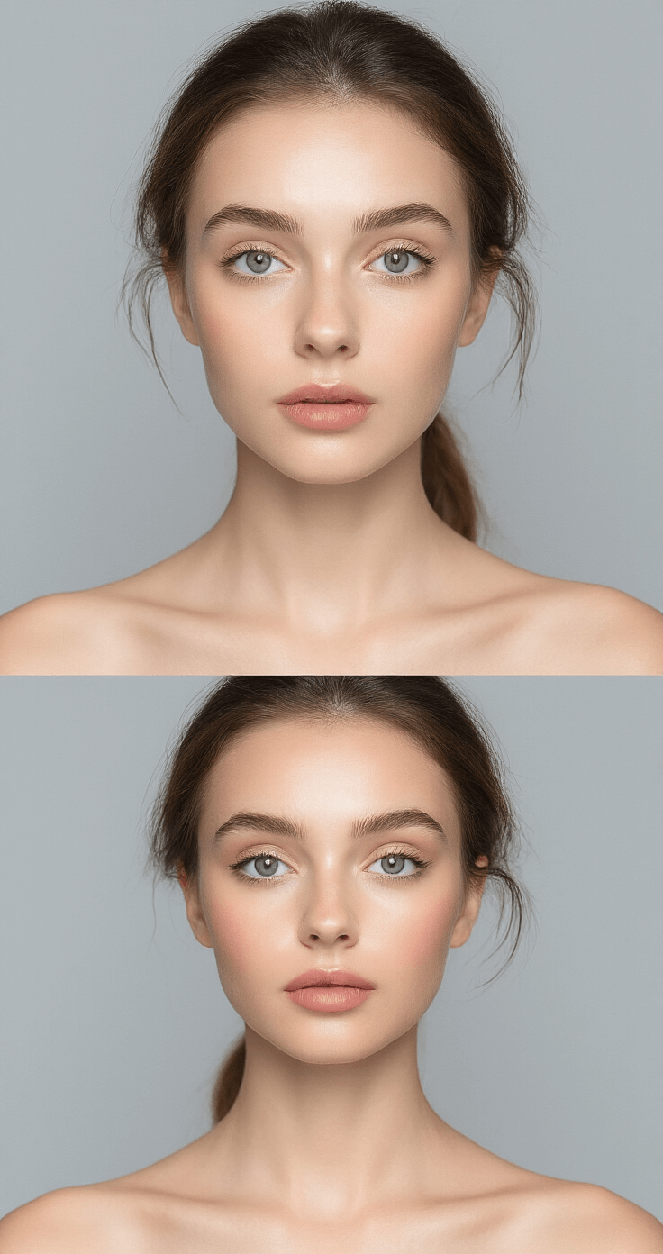 Three-phase makeup transformation sequence: clean face, base makeup, and final look side-by-side, all displayed in matching poses against a neutral grey backdrop, with professional beauty lighting highlighting the progression, shot with a portrait lens.