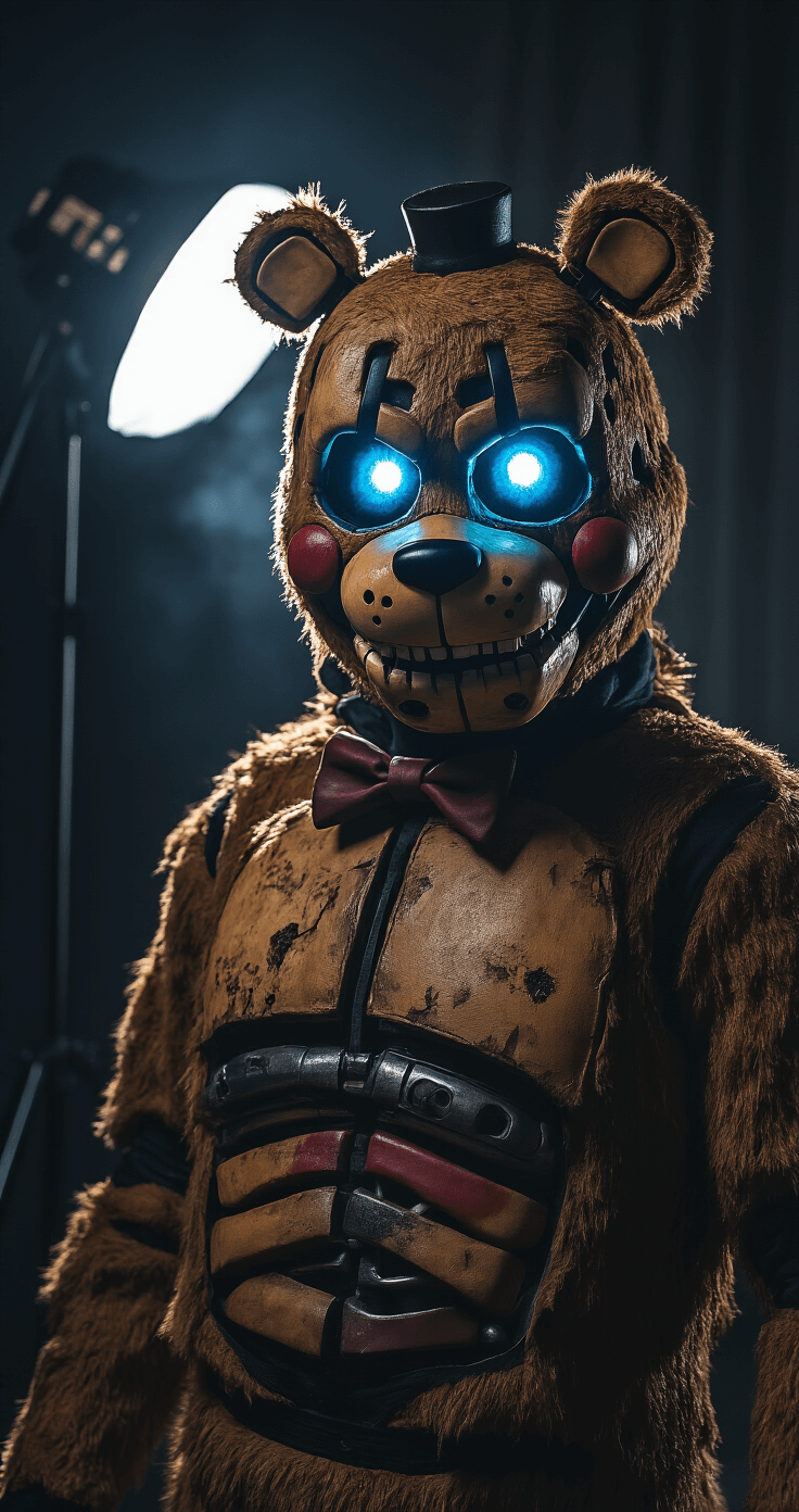 A dimly lit photography studio showcases a cosplayer wearing an intricately detailed Freddy Fazbear costume, featuring expertly weathered fabric textures, glowing blue LED eyes, and dramatic shadows. A fog machine enhances the atmosphere as the cosplayer strikes a menacing pose, with a focus on the ultra-realistic fur and metallic endoskeleton details captured in shallow depth of field.