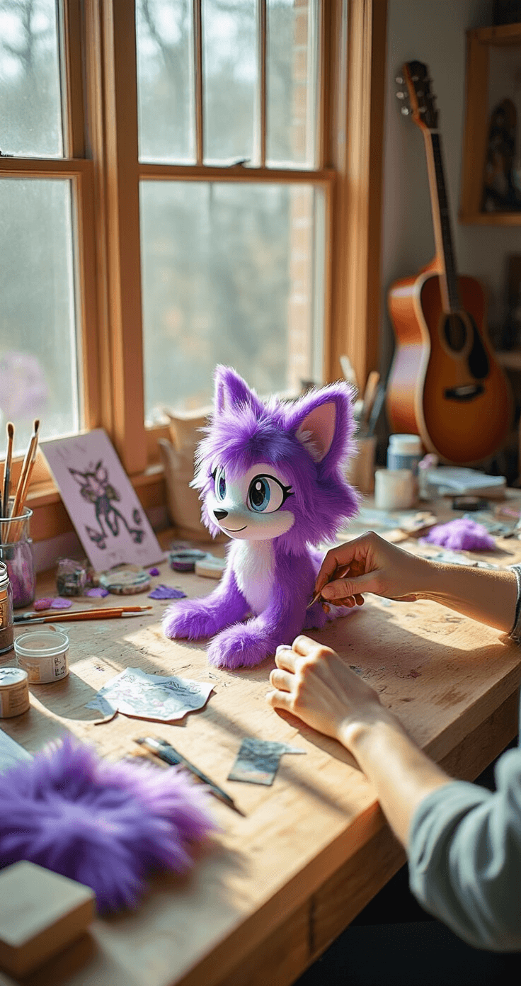 Close-up of hands crafting Bonnie's head from purple faux fur and EVA foam in a well-lit workspace, with tools, patterns, and reference images on a wooden table, paint supplies, and a half-finished guitar prop visible in the background.