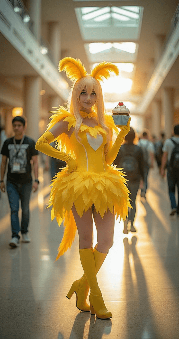 A full-body shot of a Chica cosplayer in a detailed yellow feathered costume, holding a cupcake prop, set in a convention center hallway during golden hour, with warm light illuminating the scene and other convention-goers blurred in the background.