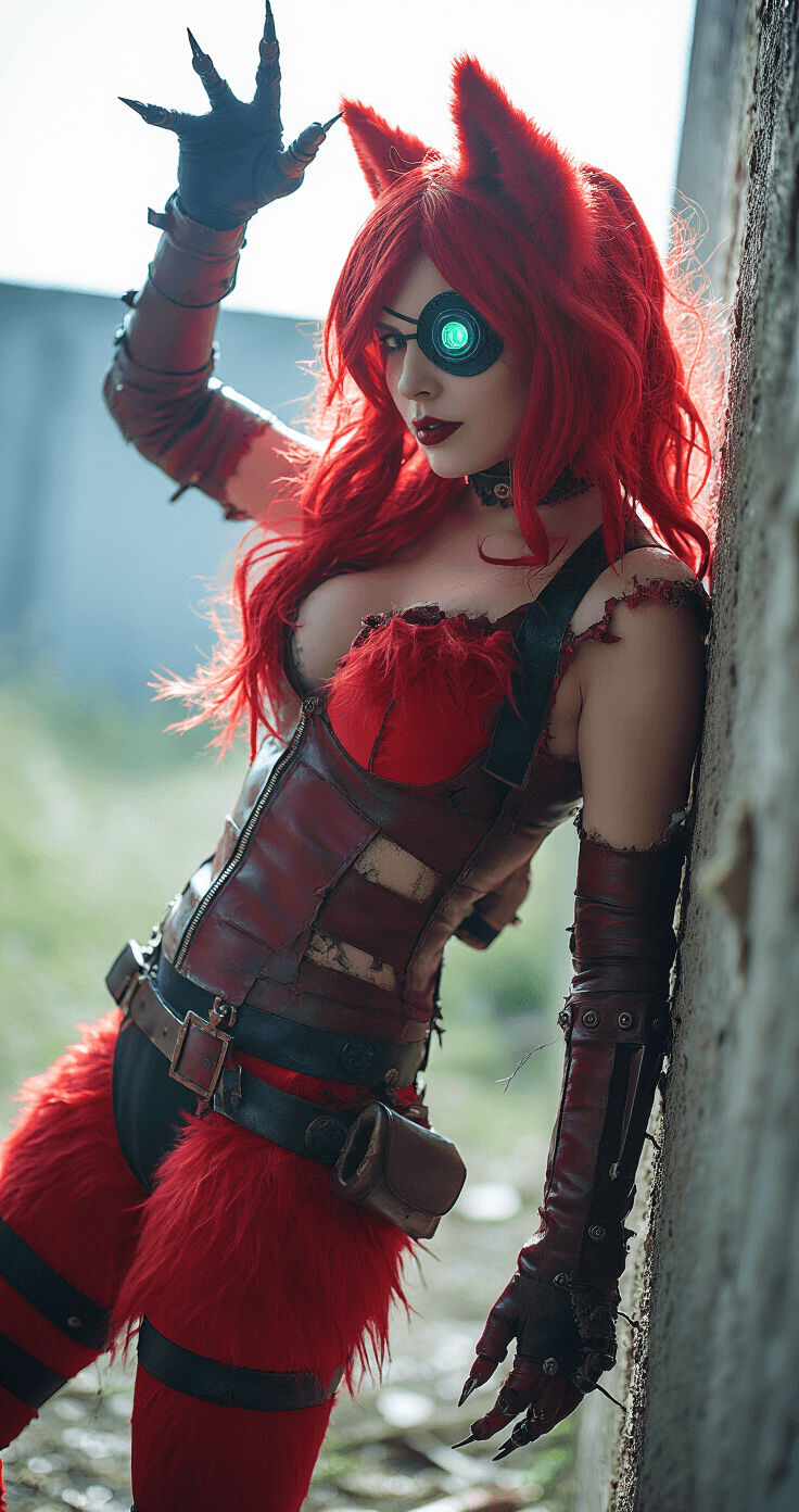 A foxy cosplayer with tattered red fur and costume pieces emerges from the shadows of an abandoned warehouse, raising a hook hand. An LED eye glows through an eyepatch, emphasizing mechanical details. Dramatic side lighting casts a moody atmosphere, enhancing the scene's intensity in portrait orientation with an upward angle.