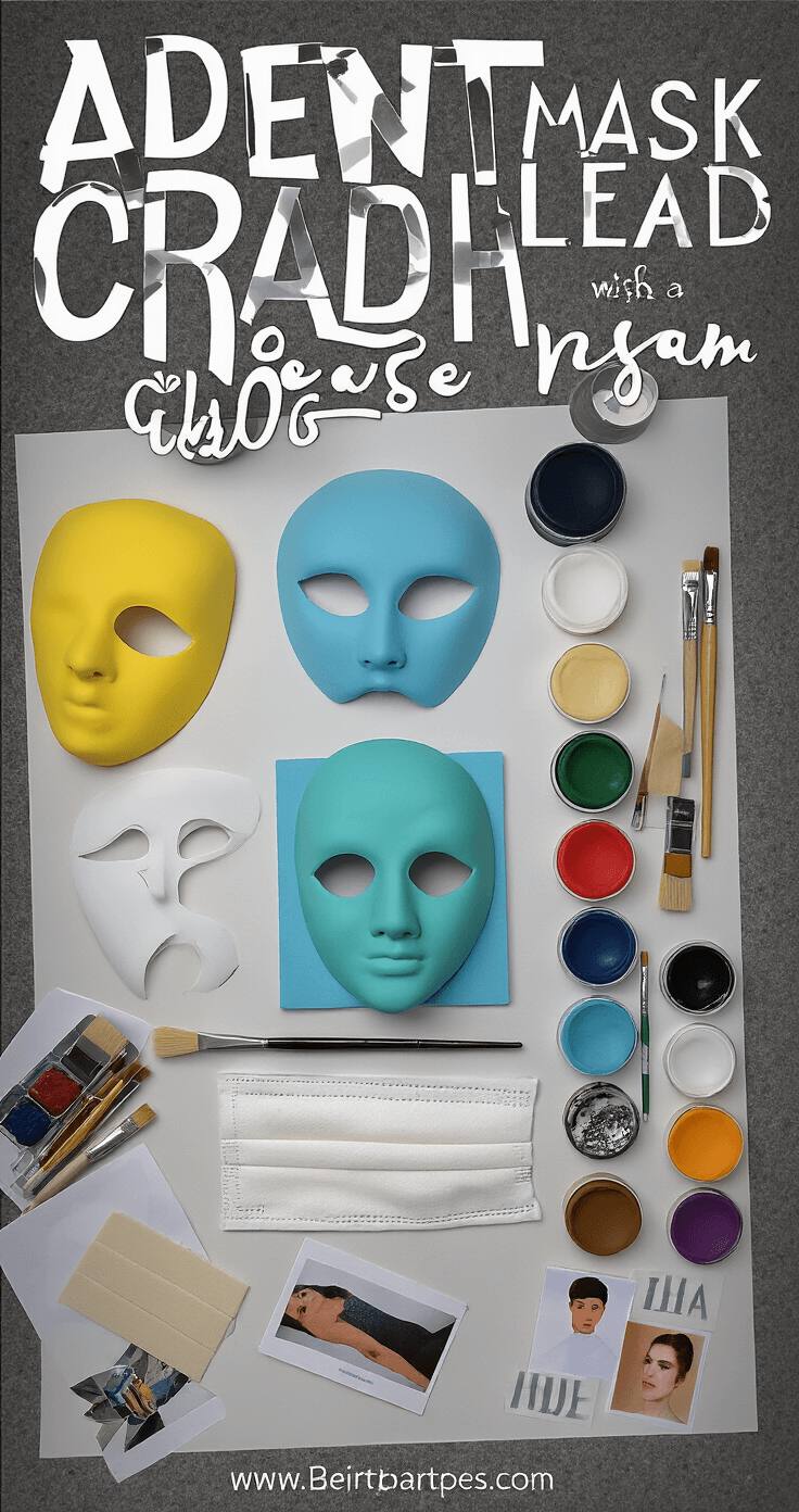 Brightly lit craft room featuring a neatly arranged step-by-step mask creation process with various stages of EVA foam assembly, paint samples, brushes, reference photos, and a clean overhead flat lay presentation.