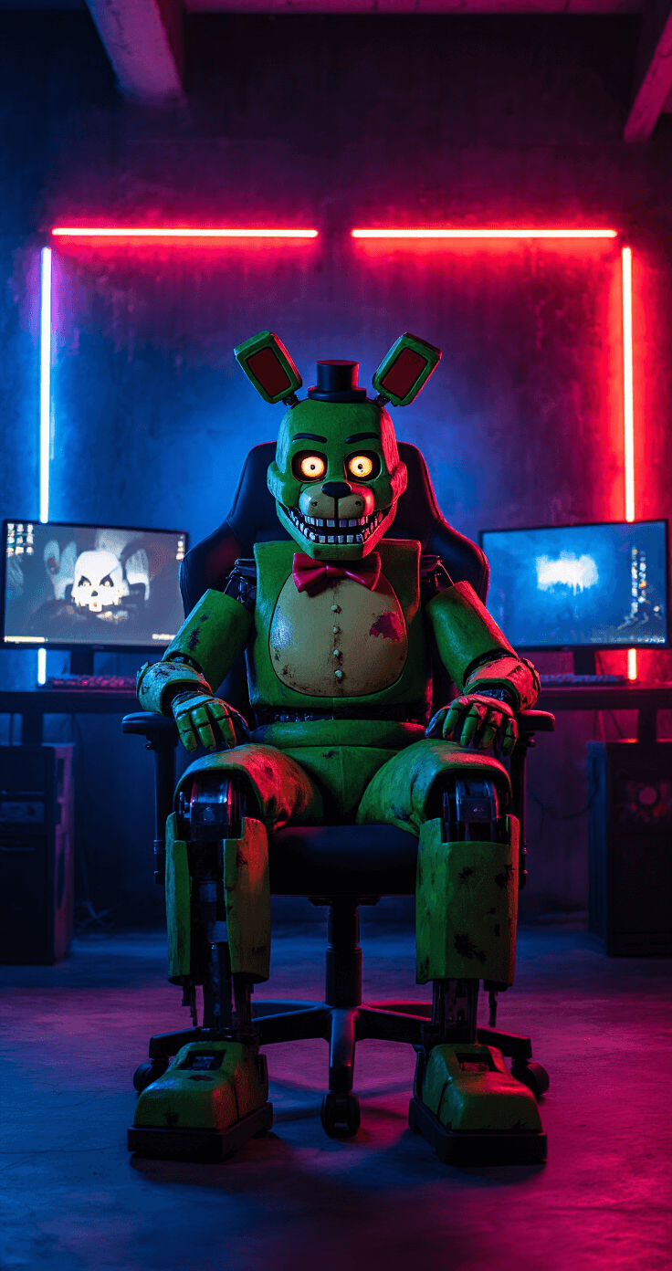 A menacing Spring Trap cosplayer in a gaming chair surrounded by glowing monitors in a dark, LED-lit game room, highlighting weathered green fur and exposed animatronic parts.