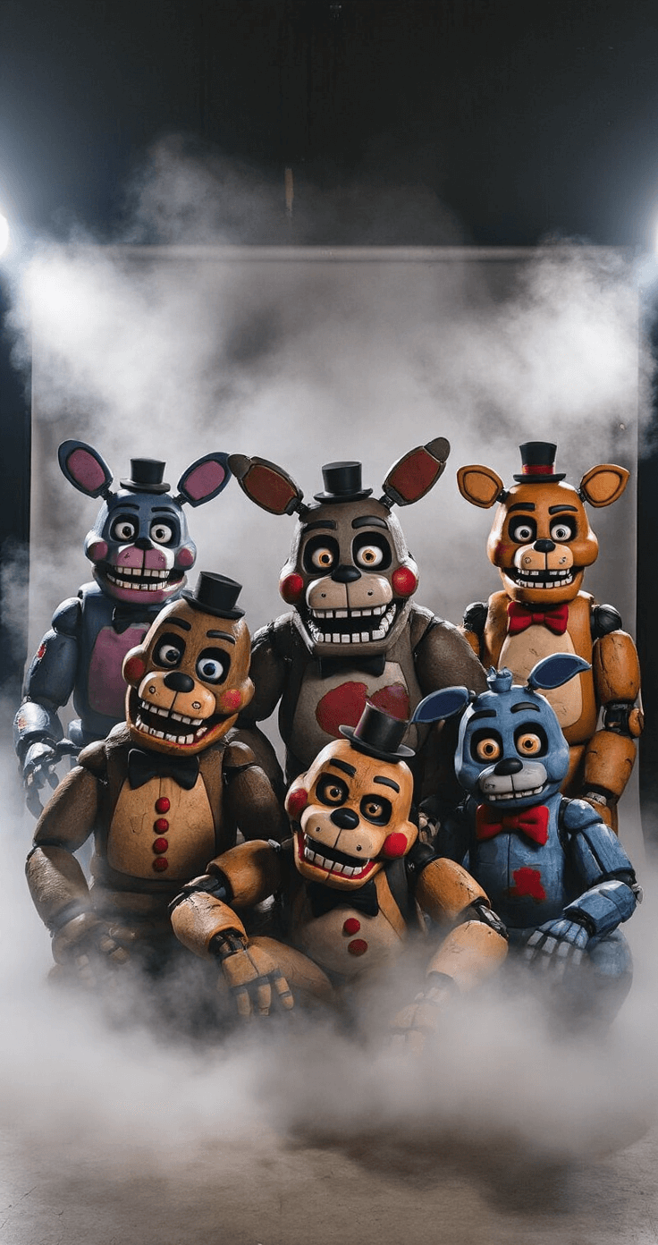 Group shot of FNAF animatronic cosplayers in a convention photoshoot area, featuring dramatic lighting and a fog machine, showcasing the unique details and textures of each costume against a professional backdrop.