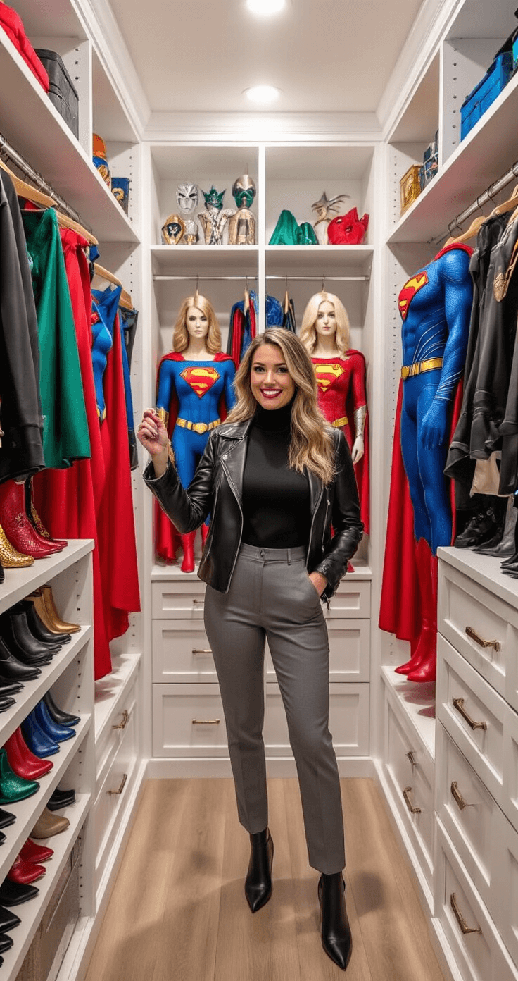 A fashionable woman in a fitted black turtleneck and grey trousers inspects a sleek black leather jacket against a vibrant Superman-inspired costume in her organized walk-in closet, illuminated by soft natural light, surrounded by colorful wigs, boots, and cape accessories on white shelving.