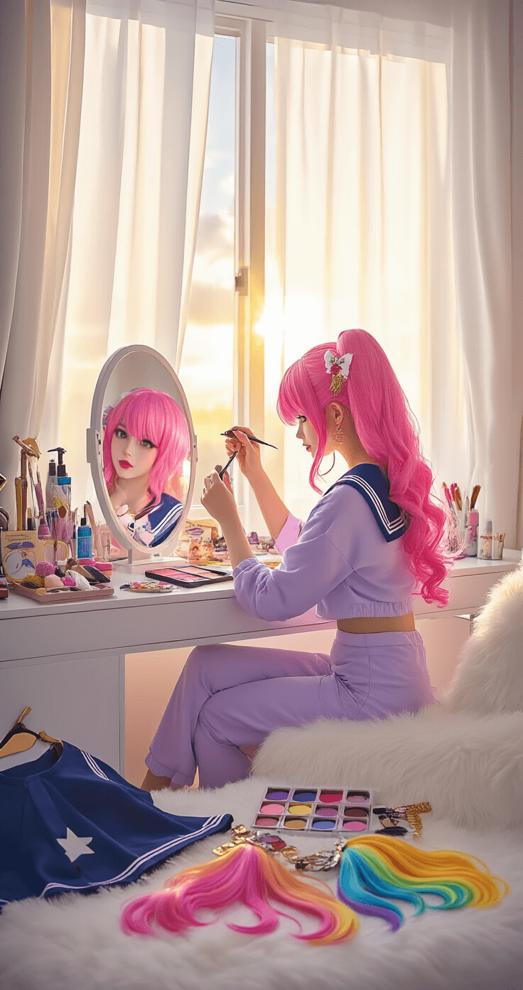 A stylish woman in lavender loungewear styles a vibrant pink wig at a modern vanity table in a bright bedroom during golden hour, surrounded by colorful anime cosplay accessories, including a sailor-style uniform, rainbow hair extensions, and glittery makeup palettes, all illuminated by natural sunlight.