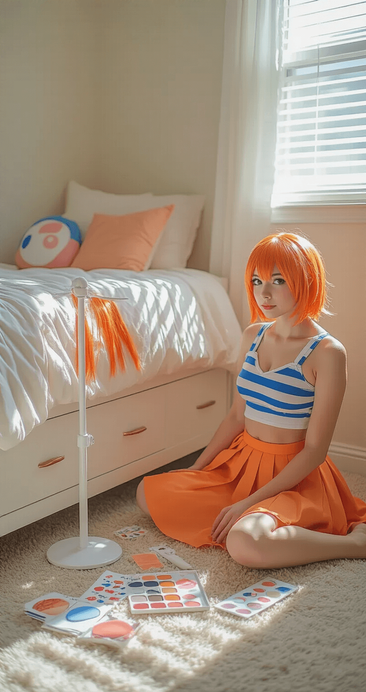 A bright, organized bedroom with soft natural light illuminating a young woman sitting cross-legged on a plush carpet, surrounded by neatly arranged Nami cosplay elements including an orange wig, striped crop top, mini skirt, temporary tattoos, and makeup palette, with clean white furniture and pastel bedding in a peaceful setting.