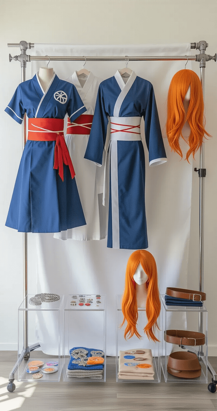 A minimalist studio space with soft, even lighting showcases various Nami costume variations on a white backdrop, including a budget-friendly Amazon costume, a custom Etsy handmade version, and a casual fan-art adaptation. Orange wigs are displayed on transparent stands alongside accessories like silver jewelry and leather belts, all emphasizing the quality differences in materials from basic polyester to premium cotton blends.