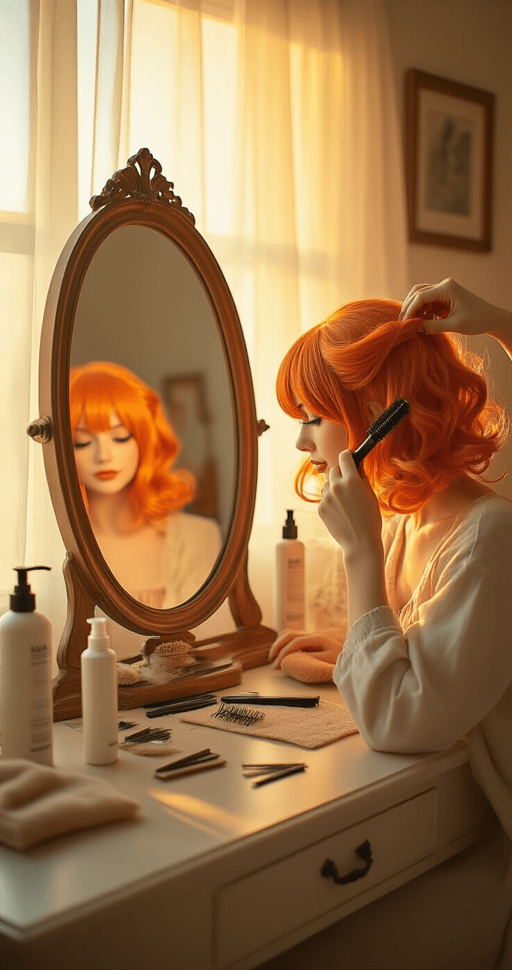 A young woman styles a vibrant orange cosplay wig at a cozy vanity corner during golden hour, with warm sunlight filtering through sheer curtains, showcasing heat-resistant fibers and styling tools amidst a vintage mirror and scattered bobby pins.
