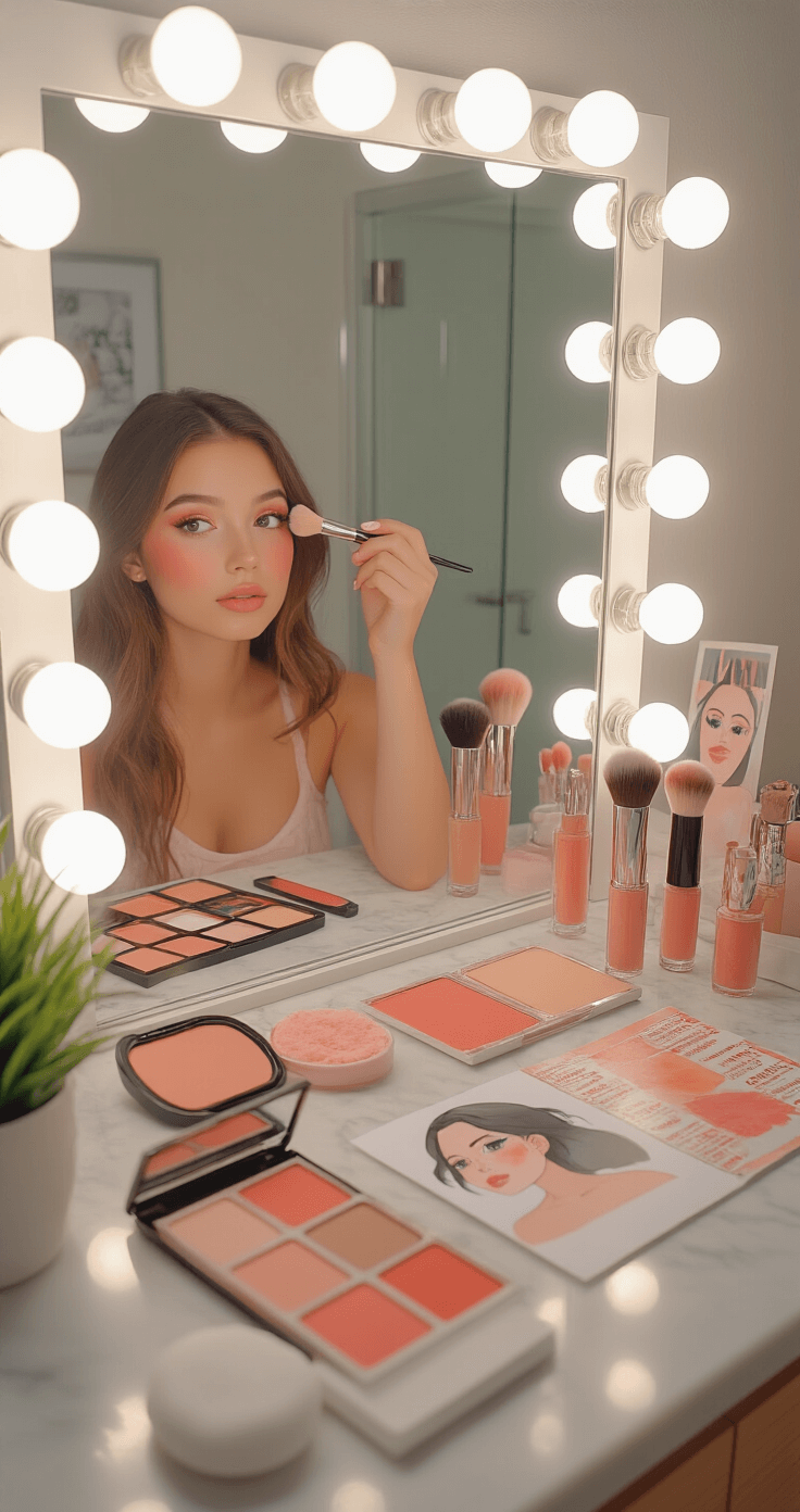 A bright bathroom with natural lighting features a young woman applying Nami-inspired makeup at a marble countertop, surrounded by coral and peach cosmetic products, including foundation, eye makeup palette, lip colors, and temporary tattoo materials, with cotton pads, brushes, and a reference image nearby.