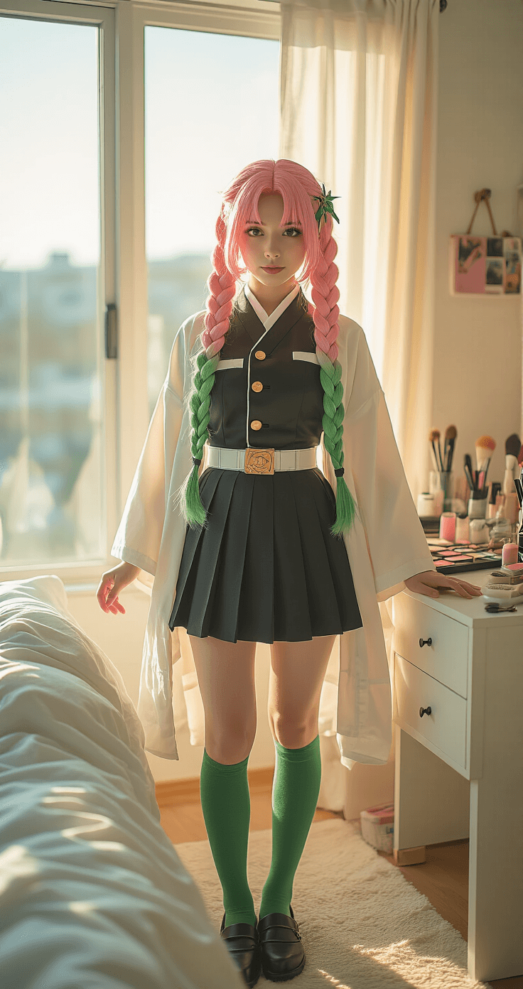 My Complete Guide to Nailing the Perfect Mitsuri Cosplay (Without Breaking the Bank!) A confident young woman with a pink and green ombre wig styled in thick braids poses in a modern, sun-drenched bedroom, wearing a flowing white haori over a detailed demon slayer uniform. The scene features golden hour light illuminating her costume’s textures, a neatly organized vanity with cosplay accessories, and her joyful expression reflecting the Love Hashira's strength and femininity.