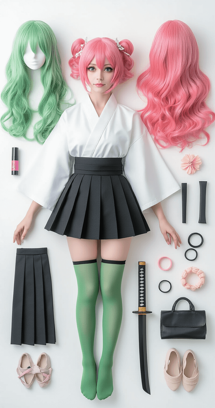 My Complete Guide to Nailing the Perfect Mitsuri Cosplay (Without Breaking the Bank!) A flat-lay shot of a Mitsuri cosplay ensemble on a white surface, featuring a pink-to-green ombre wig, white haori, black pleated skirt, and green stockings, with a foam katana and styling tools, all illuminated by soft natural lighting.