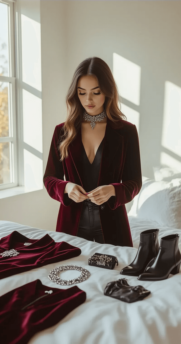 DTI Cosplay Ideas That'll Make Your Halloween Outfits Actually Good A young woman arranges a coordinated Halloween costume ensemble in a modern minimalist bedroom filled with soft morning light, highlighting textures of velvet, leather, and metallic jewelry on a white duvet.