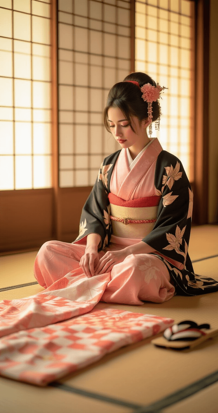 Nezuko Cosplay: Your Complete Guide to Nailing the Perfect Demon Slayer Look A young woman sits cross-legged on a tatami mat in a softly lit bedroom, arranging pink kimono pieces with hemp leaf patterns, alongside a checkered obi and black haori jacket, with warm golden hour light filtering through shoji screens.
