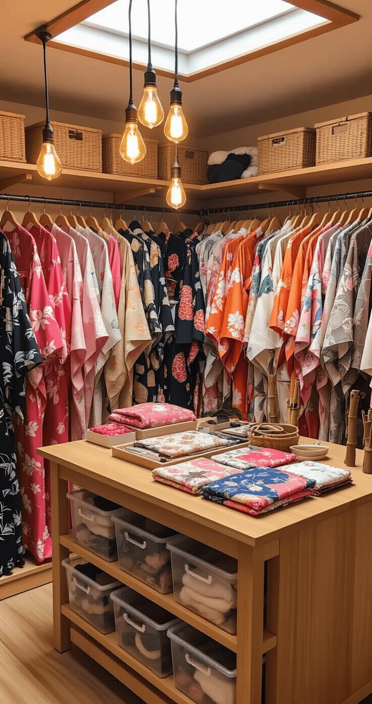 Nezuko Cosplay: Your Complete Guide to Nailing the Perfect Demon Slayer Look A well-organized walk-in closet featuring various Nezuko cosplay variations and styling accessories, illuminated by warm Edison bulbs and natural light from a skylight, showcasing different kimono fabrics, obi styles, and wig options, all arranged neatly with a focus on rich pink, orange, and black color schemes.