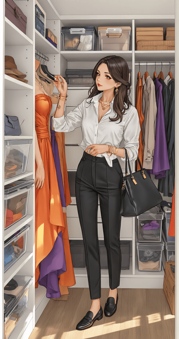 Cosplay Costumes: Your Complete Creating Killer Character Looks A fashion-forward woman in a chic monochrome outfit organizes her vibrant cosplay collection in a trendy urban apartment's well-lit walk-in closet, surrounded by meticulously arranged costumes, wigs, and accessories.