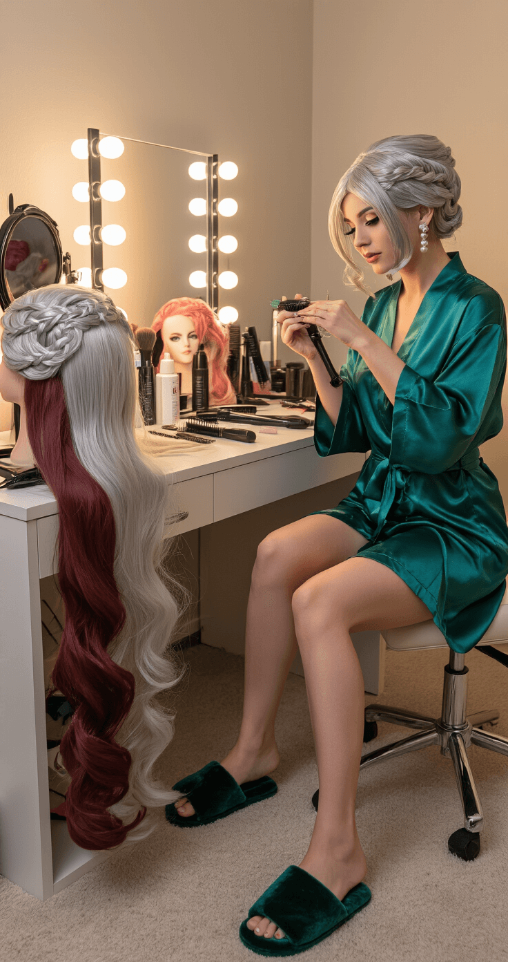 Cosplay Costumes: Your Complete Creating Killer Character Looks A sophisticated vanity area bathed in soft evening light, featuring an elegant woman in a luxurious emerald green silk robe styling her cosplay wig, surrounded by various character wigs, professional hair tools, and a ring light, with plush velvet slippers and delicate pearl earrings.