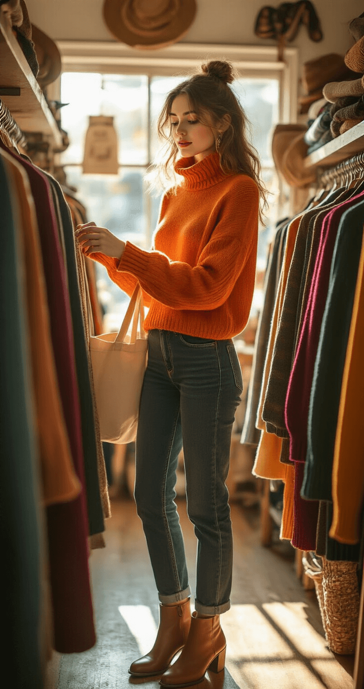 The Ultimate Velma Dinkley Cosplay A stylish young woman examines a bright orange turtleneck sweater in a sunlit vintage thrift store, surrounded by richly textured garments in jewel tones, while wearing dark denim jeans and brown ankle boots, embodying sustainable fashion and the joy of thrift shopping.