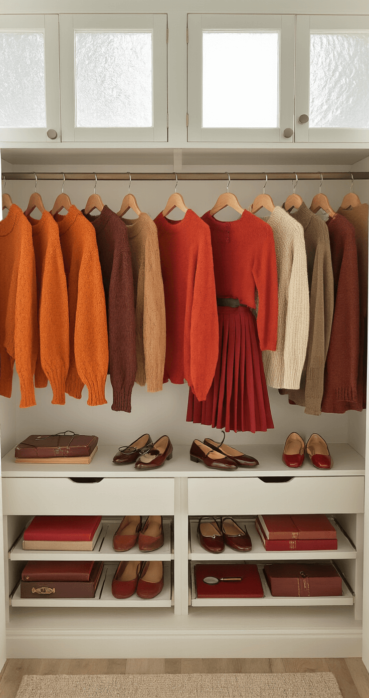 The Ultimate Velma Dinkley Cosplay A bright walk-in closet with frosted glass windows showcasing vintage-inspired detective and academic fashion: orange sweaters on wooden hangers, red skirts in various textures, a shoe rack with burgundy Mary Janes and brown loafers, and neatly arranged accessories including thick-rimmed glasses and vintage magnifying glasses, all set against a neutral-toned backdrop.