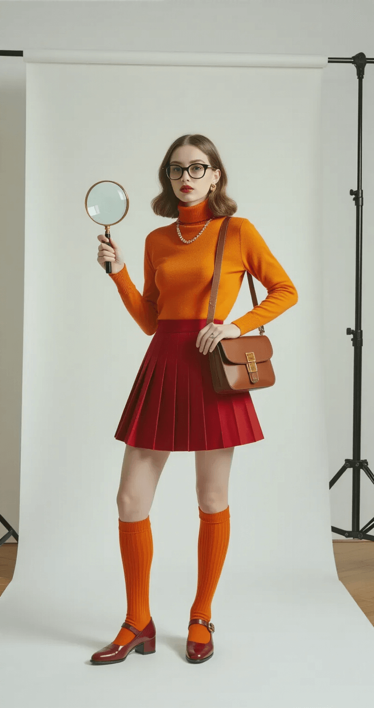 The Ultimate Velma Dinkley Cosplay A fashion-forward young woman models a vintage detective-inspired outfit, featuring a bright orange turtleneck, red pleated skirt, and burgundy Mary Jane shoes, in a minimalist photography studio with a white backdrop and soft lighting, while confidently holding a brass magnifying glass.