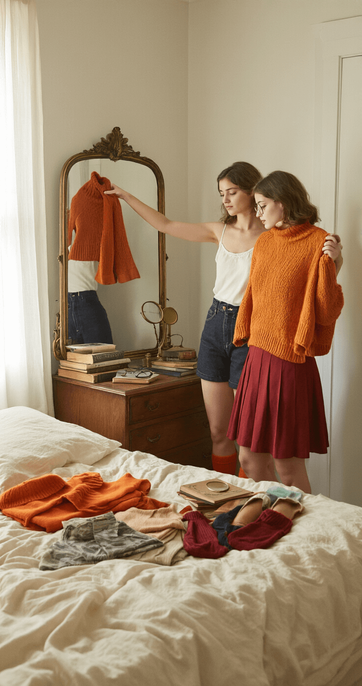The Ultimate Velma Dinkley Cosplay A young woman in a cozy bedroom holds up a bright orange cashmere sweater, surrounded by vintage-inspired detective outfits on an unmade bed, with soft morning light filtering through sheer curtains.