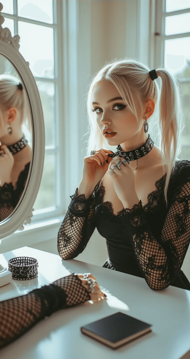A young woman with platinum blonde pigtails sits at a white vanity, adjusting a chunky black gothic choker in a bright bedroom. Her fitted black lace dress contrasts with gothic rings and fishnet arm warmers on the vanity, while soft natural light filters through large windows, creating gentle shadows that highlight the textures of her accessories.