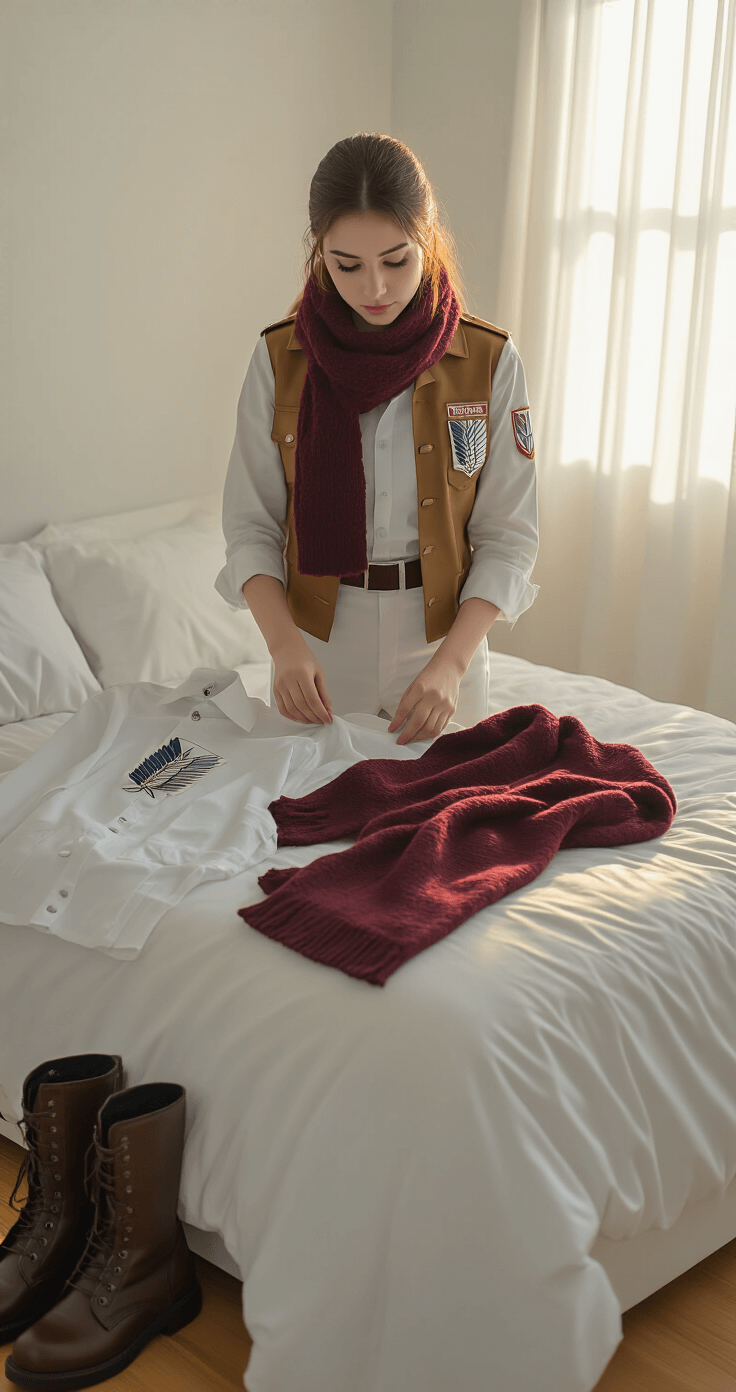 A young woman in a minimalist white bedroom arranges Attack on Titan cosplay pieces on a neatly made bed, with sunlight streaming through sheer curtains, highlighting a military-style shirt, khaki jacket, white pants, and a burgundy scarf, as her hands smooth the fabrics.