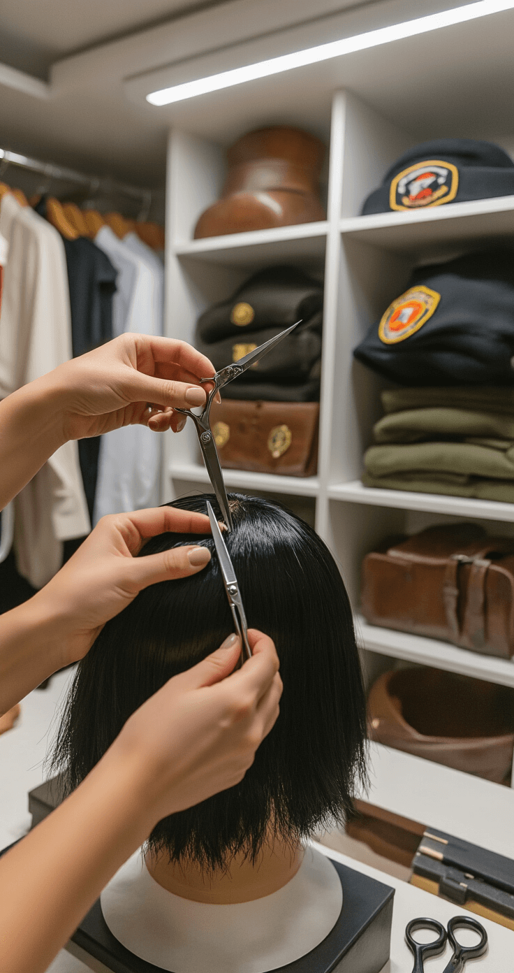 A close-up of a woman's hands expertly styling a short black synthetic wig on a foam head in a sunlit walk-in closet, with natural light highlighting the precise layering technique and professional scissors, while organized shelves in the background display cosplay accessories and garments.