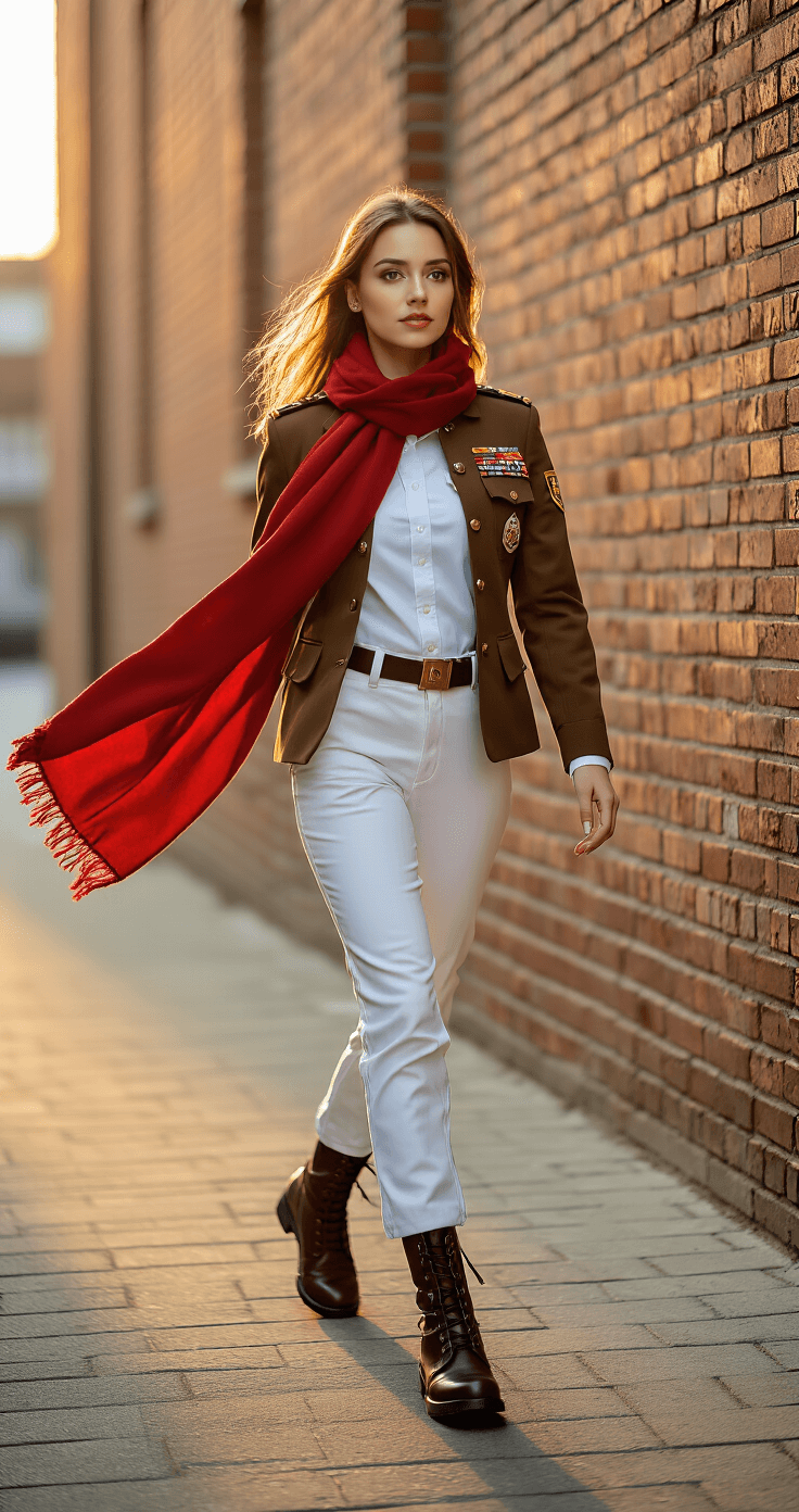 A confident woman in a Survey Corps uniform walks along a brick wall during golden hour, her red scarf flowing in the breeze, showcasing her military attire with polished combat boots and a determined expression against warm amber lighting.