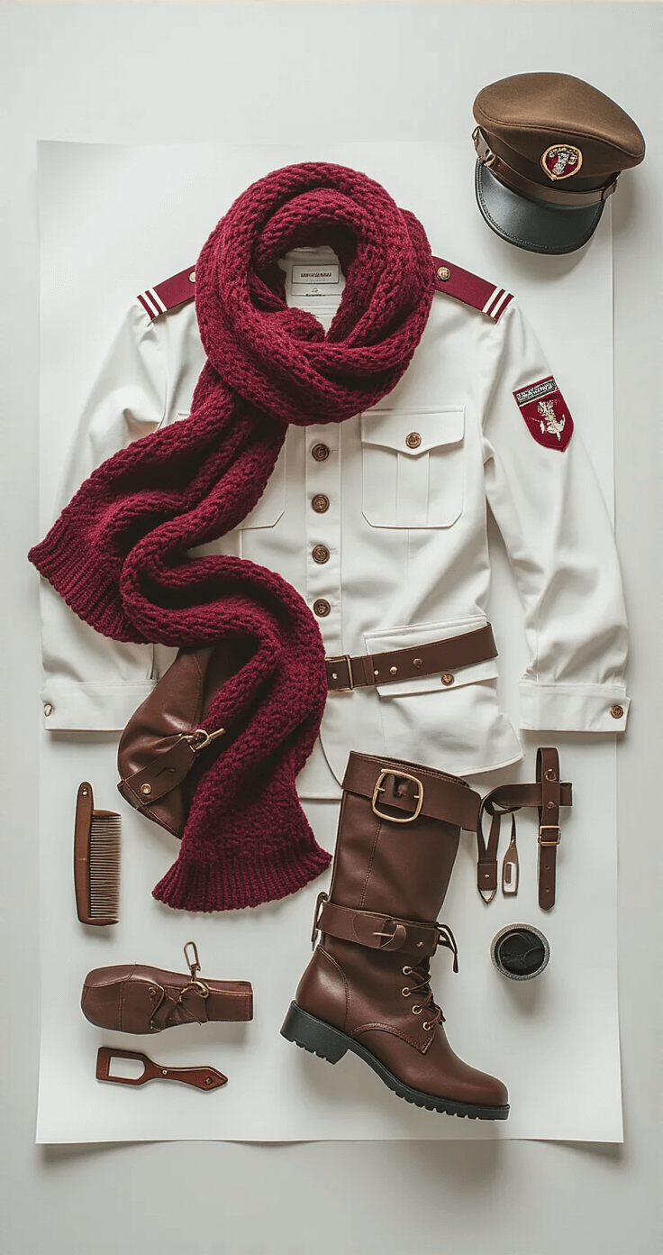Overhead flat lay of a complete Mikasa cosplay outfit on seamless white paper, featuring a burgundy knit scarf, structured brown jacket with military patches, and leather accessories, styled in a bright photography studio with soft diffused lighting.